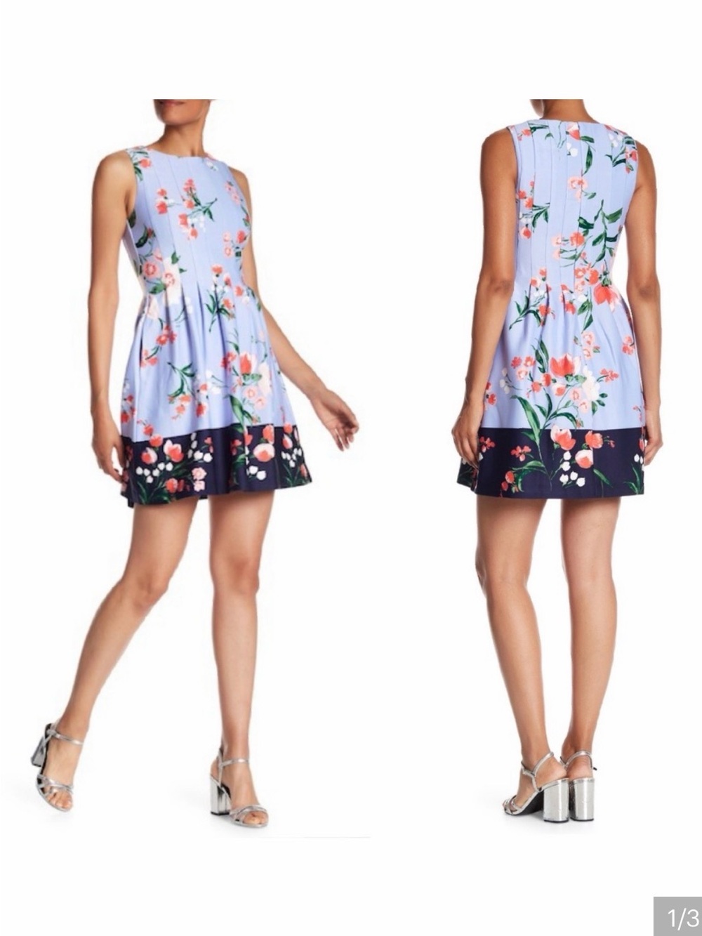 Vince Camuto Light Blue Floral Sleeveless Fit-and-Flare Dress with Navy Border